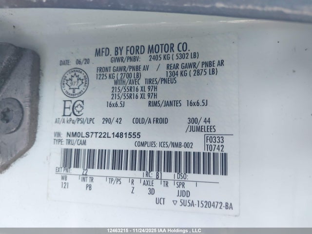 2020 Ford Transit Connect Xlt მანქანა იყიდება აუქციონზე, vin: NM0LS7T22L1481555, აუქციონის ნომერი: 12463215