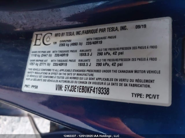 Tesla Model 3 Long Range/performance 2019 5YJ3E1EB0KF419338 Image 9