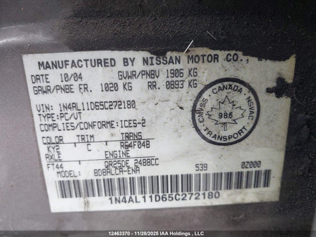 Продажа на аукционе авто 2005 Nissan Altima S/sl, vin: 1N4AL11D65C272180, номер лота: 12463370