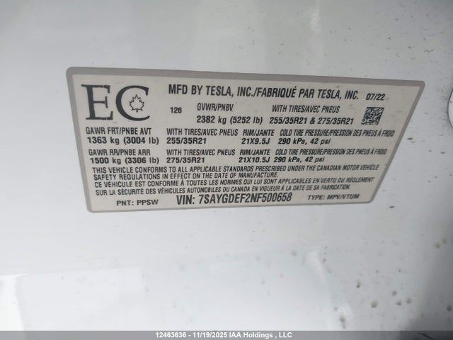 7SAYGDEF2NF500658 Tesla Model Y