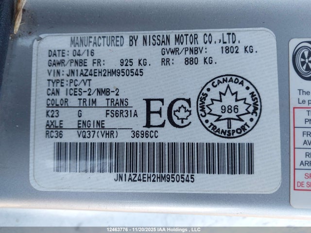 Продажа на аукционе авто 2017 Nissan 370z Tour/spt/tech/nismo/tech, vin: JN1AZ4EH2HM950545, номер лота: 12463776