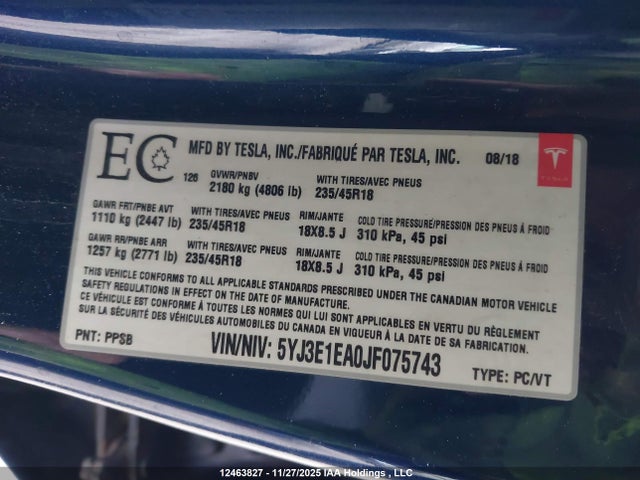 Продажа на аукционе авто 2018 Tesla Model 3 Long Range/mid Range, vin: 5YJ3E1EA0JF075743, номер лота: 12463827
