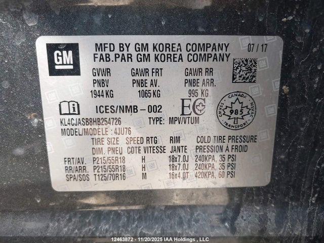 KL4CJASB8HB254726 Buick luv mfi, vvt: variable valve timing, alum, e85 max