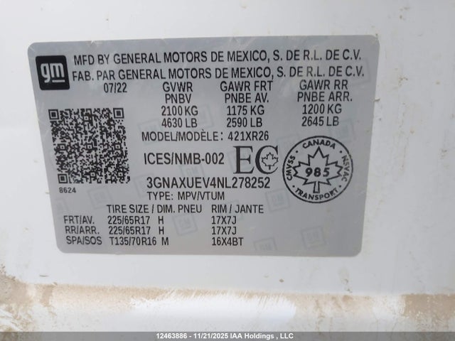 3GNAXUEV4NL278252 Chevrolet EQUINOX LT