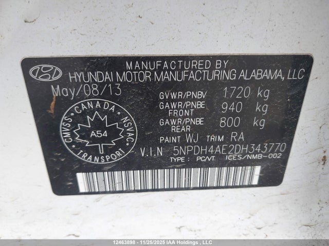 12463898 :رقم المزاد ، 5NPDH4AE2DH343770 vin ، 2013 Hyundai Elantra Gls/limited مزاد بيع