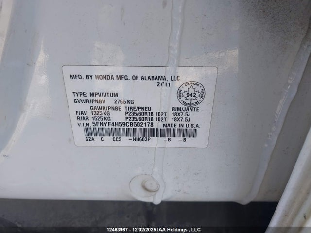 2012 Honda Pilot Exl მანქანა იყიდება აუქციონზე, vin: 5FNYF4H59CB502178, აუქციონის ნომერი: 12463967