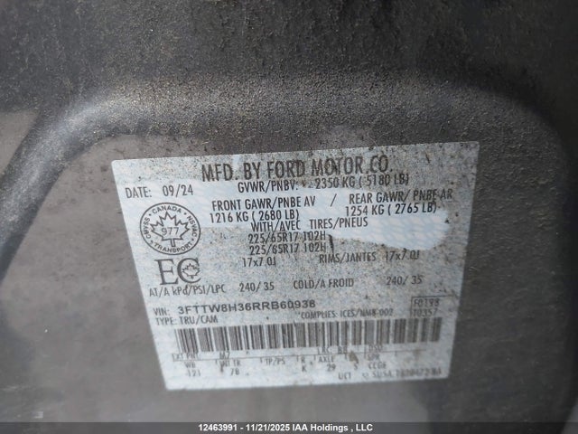 12463991 :رقم المزاد ، 3FTTW8H36RRB60938 vin ، 2024 Ford Maverick Xlt مزاد بيع