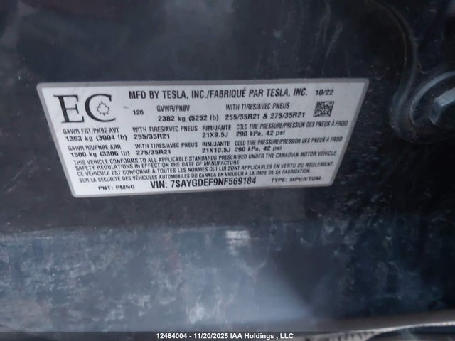 7SAYGDEF9NF569184 Tesla Model Y