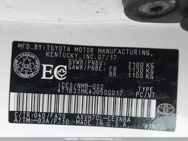 4T1B31HK4JU500017 Toyota Camry Hybrid Le