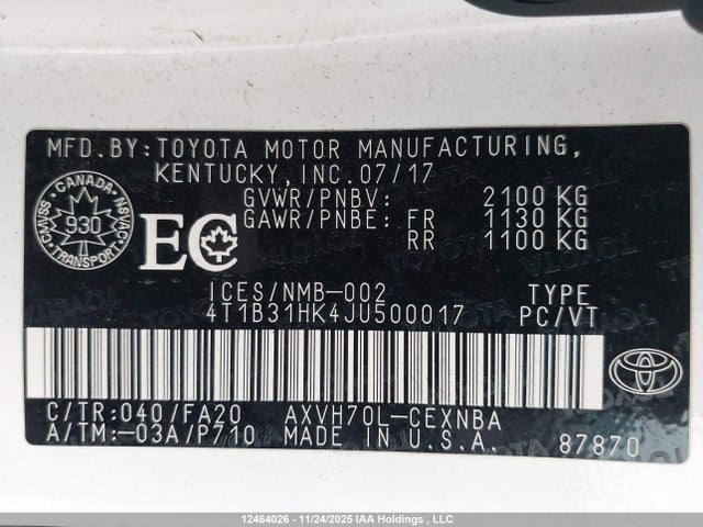 4T1B31HK4JU500017 Toyota Camry Hybrid Le