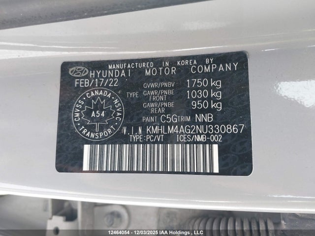 12464054 :رقم المزاد ، KMHLM4AG2NU330867 vin ، 2022 Hyundai Elantra Essential Ivt With Hyundai Smartsense Package مزاد بيع