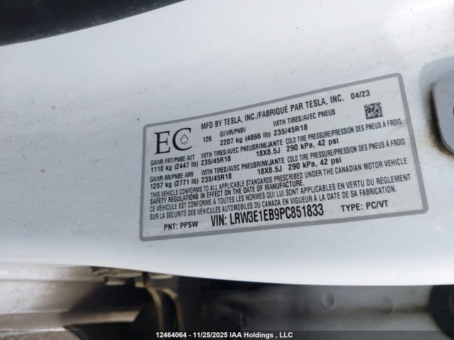 Aukcja sprzedaży 2023 Tesla Model 3 Long Range, vin: LRW3E1EB9PC851833, numer aukcji: 12464064