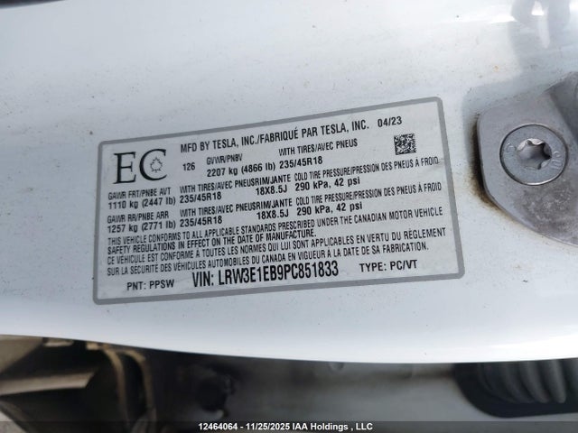 Aukcja sprzedaży 2023 Tesla Model 3 Long Range, vin: LRW3E1EB9PC851833, numer aukcji: 12464064