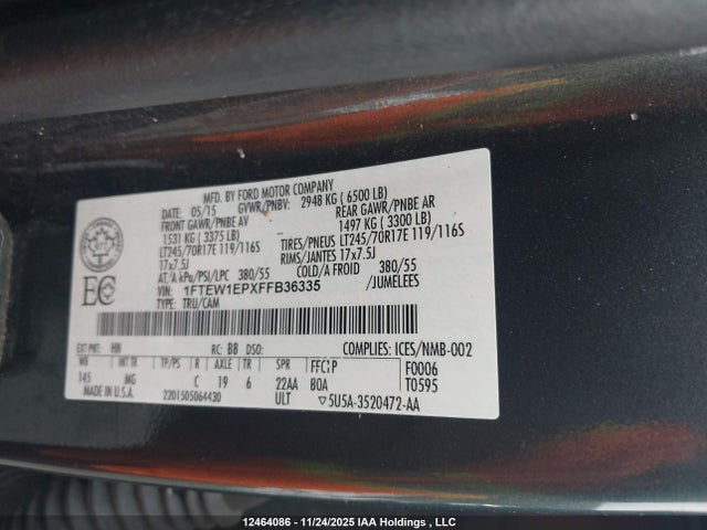 12464086 :رقم المزاد ، 1FTEW1EPXFFB36335 vin ، 2015 Ford F-150 مزاد بيع