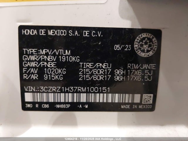 3CZRZ1H37RM100151 Honda Hr-v Lx-b