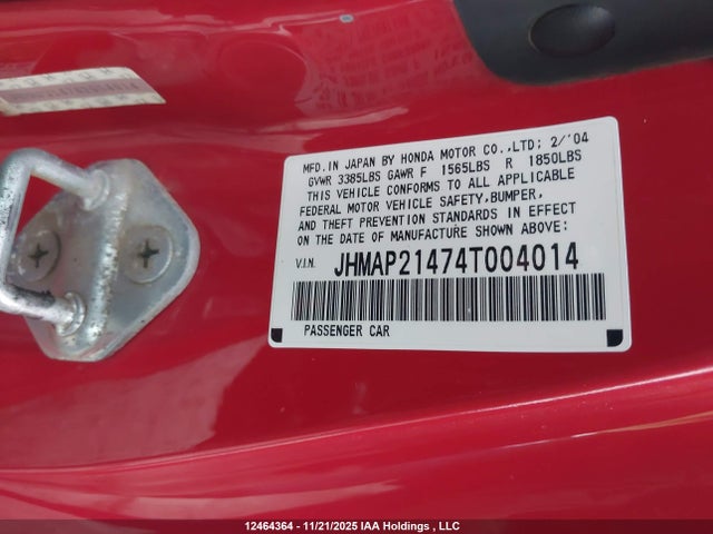12464364 :رقم المزاد ، JHMAP21474T004014 vin ، 2004 Honda S2000 مزاد بيع