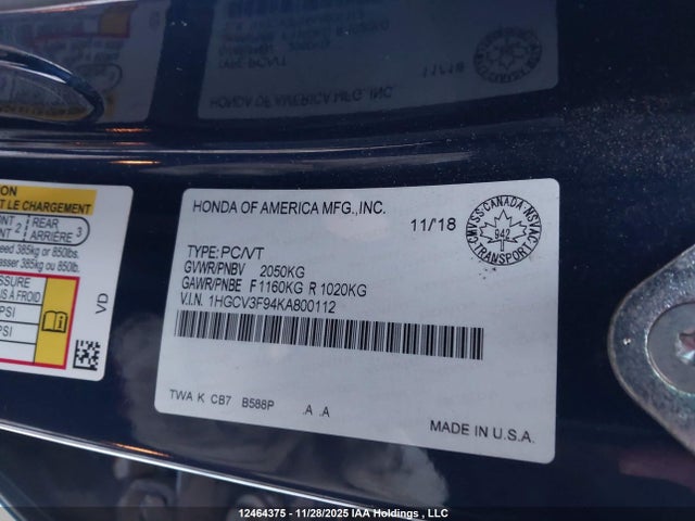 Продаж на аукціоні авто 2019 Honda Accord Touring Hybrid, vin: 1HGCV3F94KA800112, номер лоту: 12464375