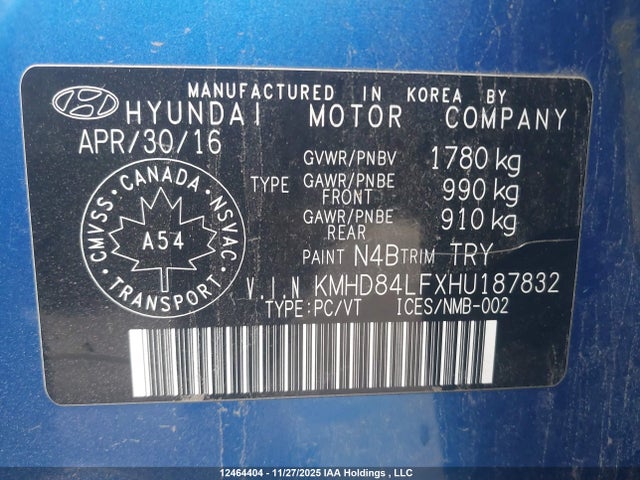 KMHD84LFXHU187832 Hyundai Elantra