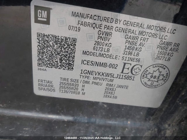 1GNEVKKW5LJ115851 Chevrolet Traverse Premier