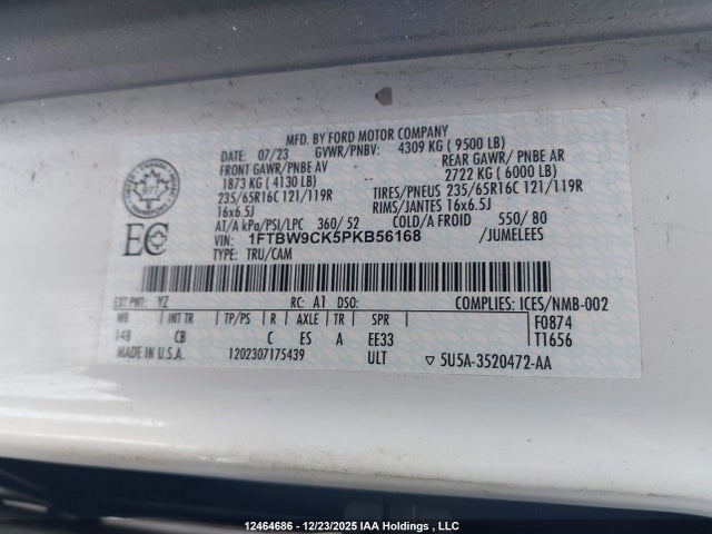 12464686 :رقم المزاد ، 1FTBW9CK5PKB56168 vin ، 2023 Ford E-transit-350 Cargo مزاد بيع