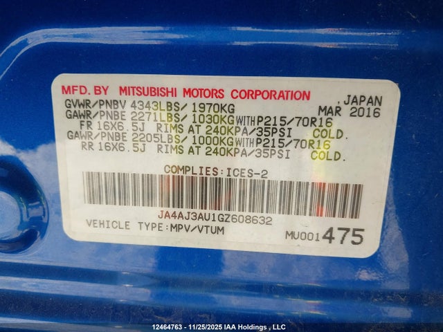 JA4AJ3AU1GZ608632 Mitsubishi RVR SE