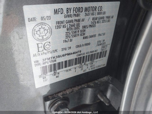 12464834 :رقم المزاد ، 3FMTK3SU6PMA46475 vin ، 2023 Ford Mustang Mach-e مزاد بيع