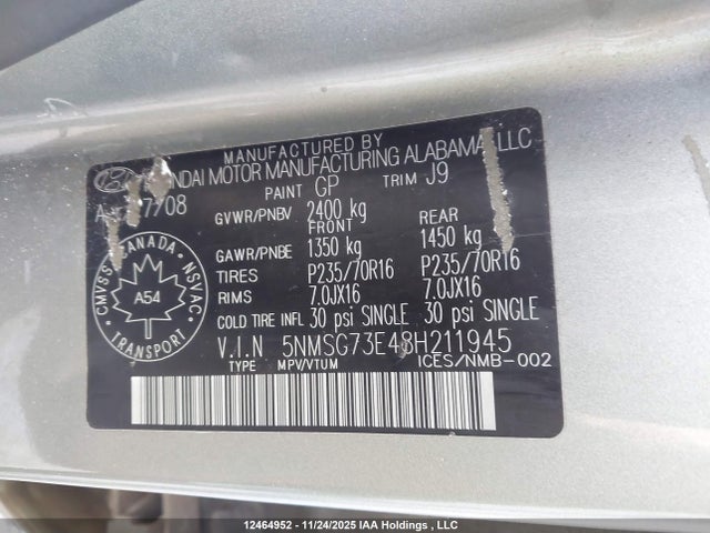 Продаж на аукціоні авто 2008 Hyundai Santa Fe Gl/gls, vin: 5NMSG73E48H211945, номер лоту: 12464952