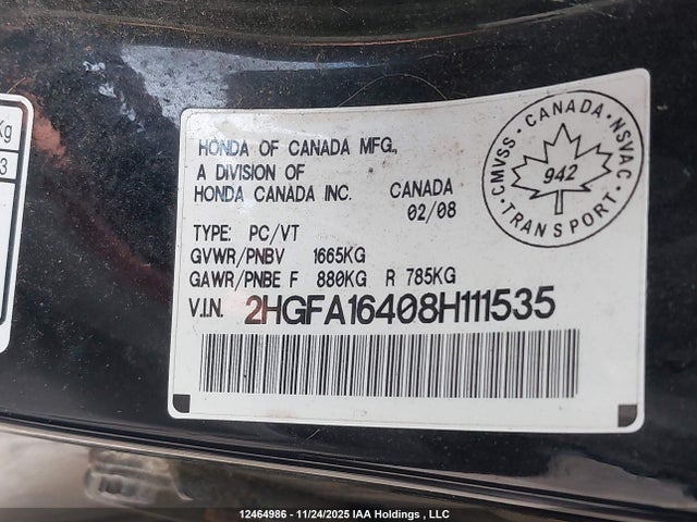 Продажа на аукционе авто 2008 Honda Civic Dx-g, vin: 2HGFA16408H111535, номер лота: 12464986