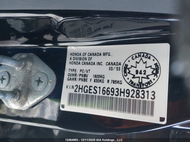 Aukcja sprzedaży 2003 Honda Civic Lx, vin: 2HGES16693H928313, numer aukcji: 12464993