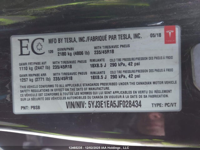 5YJ3E1EA5JF028434 Tesla MODEL 3
