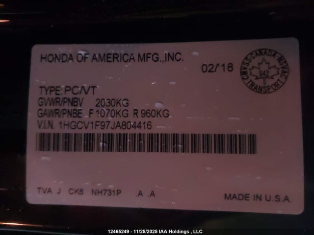 2018 Honda Accord Touring მანქანა იყიდება აუქციონზე, vin: 1HGCV1F97JA804416, აუქციონის ნომერი: 12465249