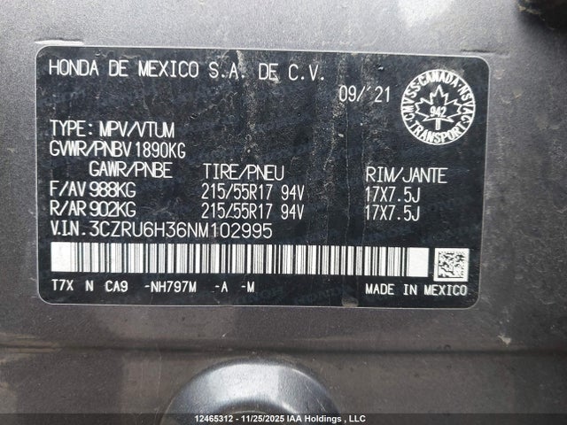3CZRU6H36NM102995 Honda HR-V LX