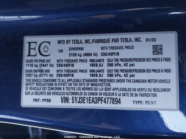 Aukcja sprzedaży 2023 Tesla Model 3 Rwd, vin: 5YJ3E1EA3PF477894, numer aukcji: 12465321