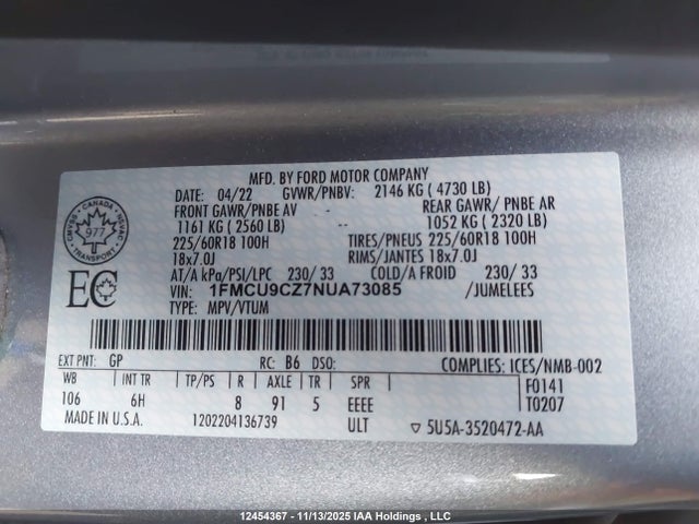 Aukcja sprzedaży 2022 Ford Escape Sel Hybrid, vin: 1FMCU9CZ7NUA73085, numer aukcji: 12454367