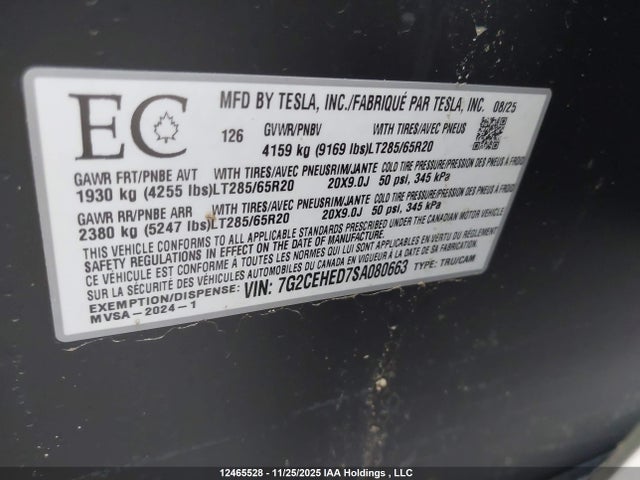 2025 Tesla Cybertruck Awd მანქანა იყიდება აუქციონზე, vin: 7G2CEHED7SA080663, აუქციონის ნომერი: 12465528