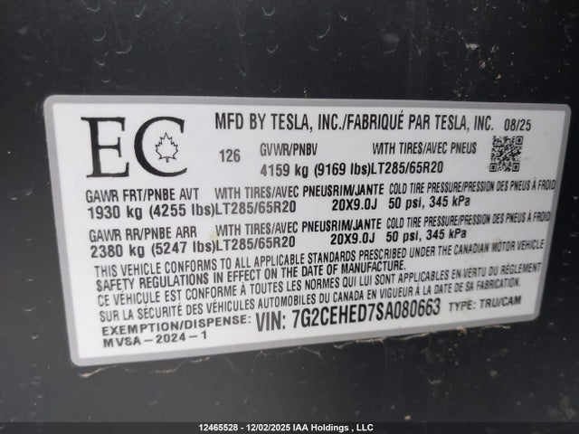 2025 Tesla Cybertruck Awd მანქანა იყიდება აუქციონზე, vin: 7G2CEHED7SA080663, აუქციონის ნომერი: 12465528