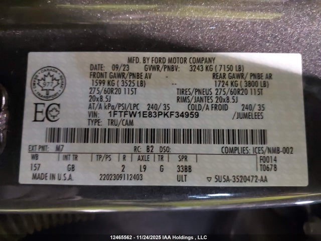 1FTFW1E83PKF34959 Ford F150 Supercrew