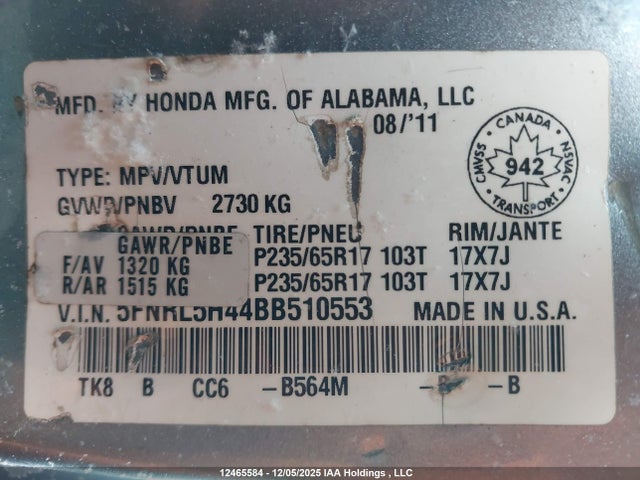 Продаж на аукціоні авто 2011 Honda Odyssey, vin: 5FNRL5H44BB510553, номер лоту: 12465584