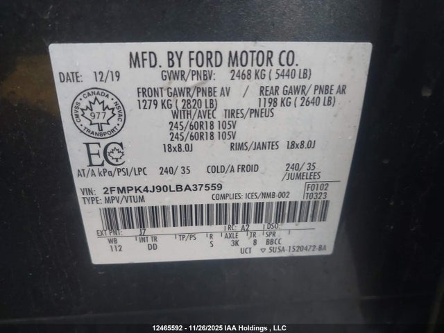 Продаж на аукціоні авто 2020 Ford Edge Sel, vin: 2FMPK4J90LBA37559, номер лоту: 12465592