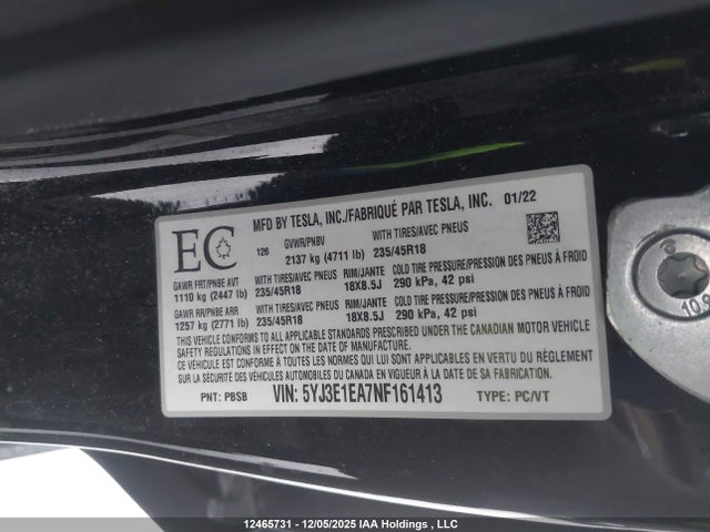Aukcja sprzedaży 2022 Tesla Model 3 Rwd/standard Range, vin: 5YJ3E1EA7NF161413, numer aukcji: 12465731