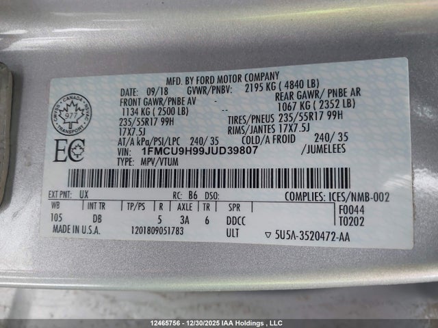 1FMCU9H99JUD39807 Ford ESCAPE SEL