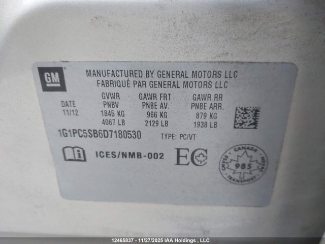 Aukcja sprzedaży 2013 Chevrolet Cruze Lt Turbo, vin: 1G1PC5SB6D7180530, numer aukcji: 12465837