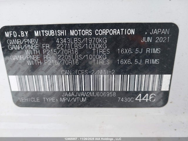 12465857 :رقم المزاد ، JA4AJVAW2MU606958 vin ، 2021 Mitsubishi Rvr Gt/le/se/sel مزاد بيع