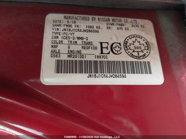 12465950 :رقم المزاد ، JN1BJ1CR4JW284594 vin ، 2018 Nissan Qashqai S/sl/sv مزاد بيع