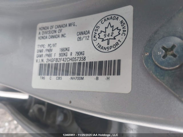 Продажа на аукционе авто 2012 Honda Civic Lx, vin: 2HGFB2F42CH057358, номер лота: 12465951