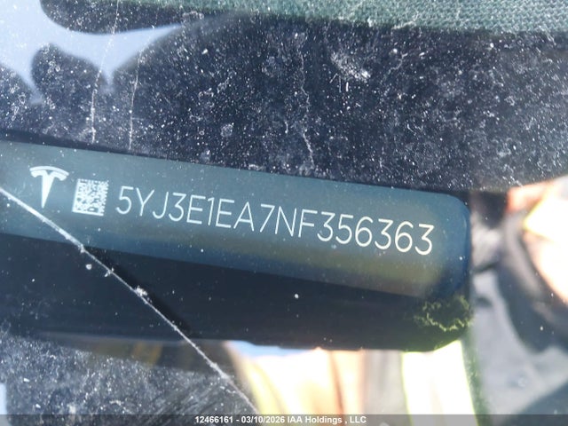 12466161 :رقم المزاد ، 5YJ3E1EA7NF356363 vin ، 2022 Tesla Model 3 Rwd/standard Range مزاد بيع