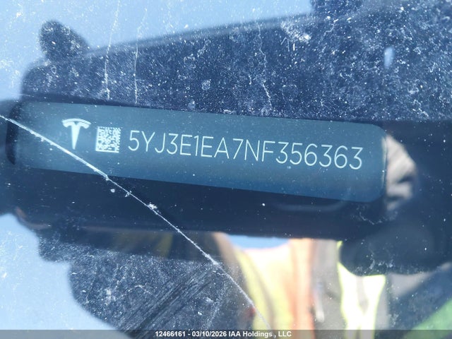 12466161 :رقم المزاد ، 5YJ3E1EA7NF356363 vin ، 2022 Tesla Model 3 Rwd/standard Range مزاد بيع