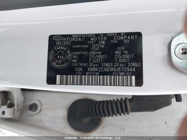 12466266 :رقم المزاد ، KM8K2CAB9NU870944 vin ، 2022 Hyundai Kona Preferred Awd مزاد بيع
