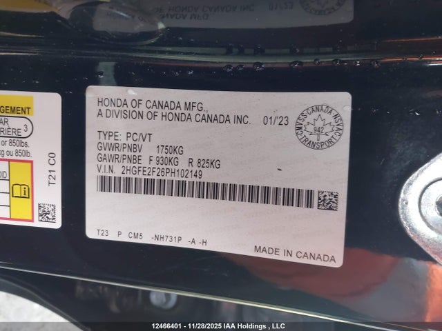12466401 :رقم المزاد ، 2HGFE2F26PH102149 vin ، 2023 Honda Civic Lx/lx-b مزاد بيع