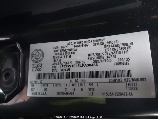Aukcja sprzedaży 2020 Ford F-150, vin: 1FTFW1E15LFA30466, numer aukcji: 12466415